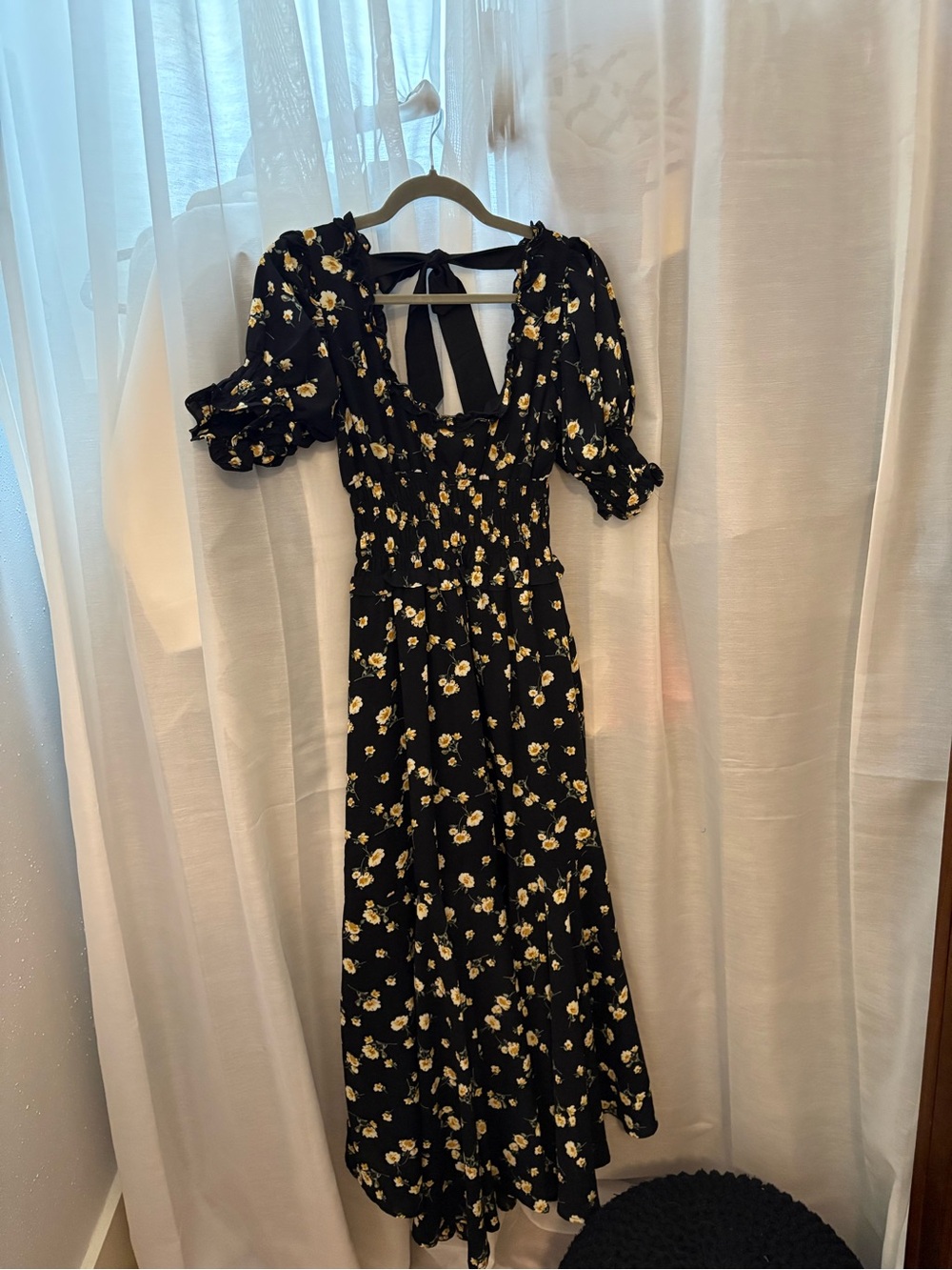 Black Floral Midi Dress with Puff Sleeves